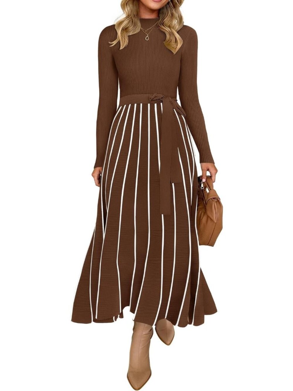 🆕 Women's Brown Ribbed Knit Long Sleeve Striped A Line Midi Dress with Belt